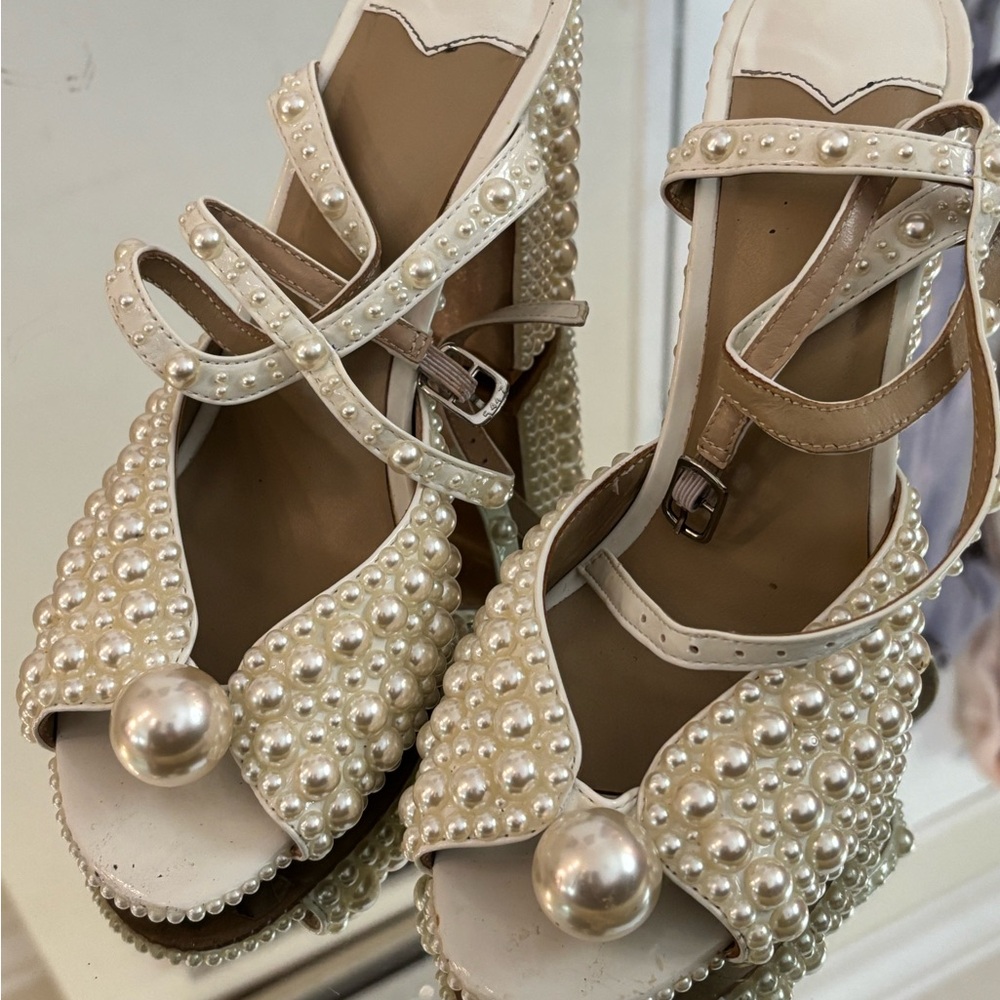 Elegant Pearl-Embellished Cream platform Heels